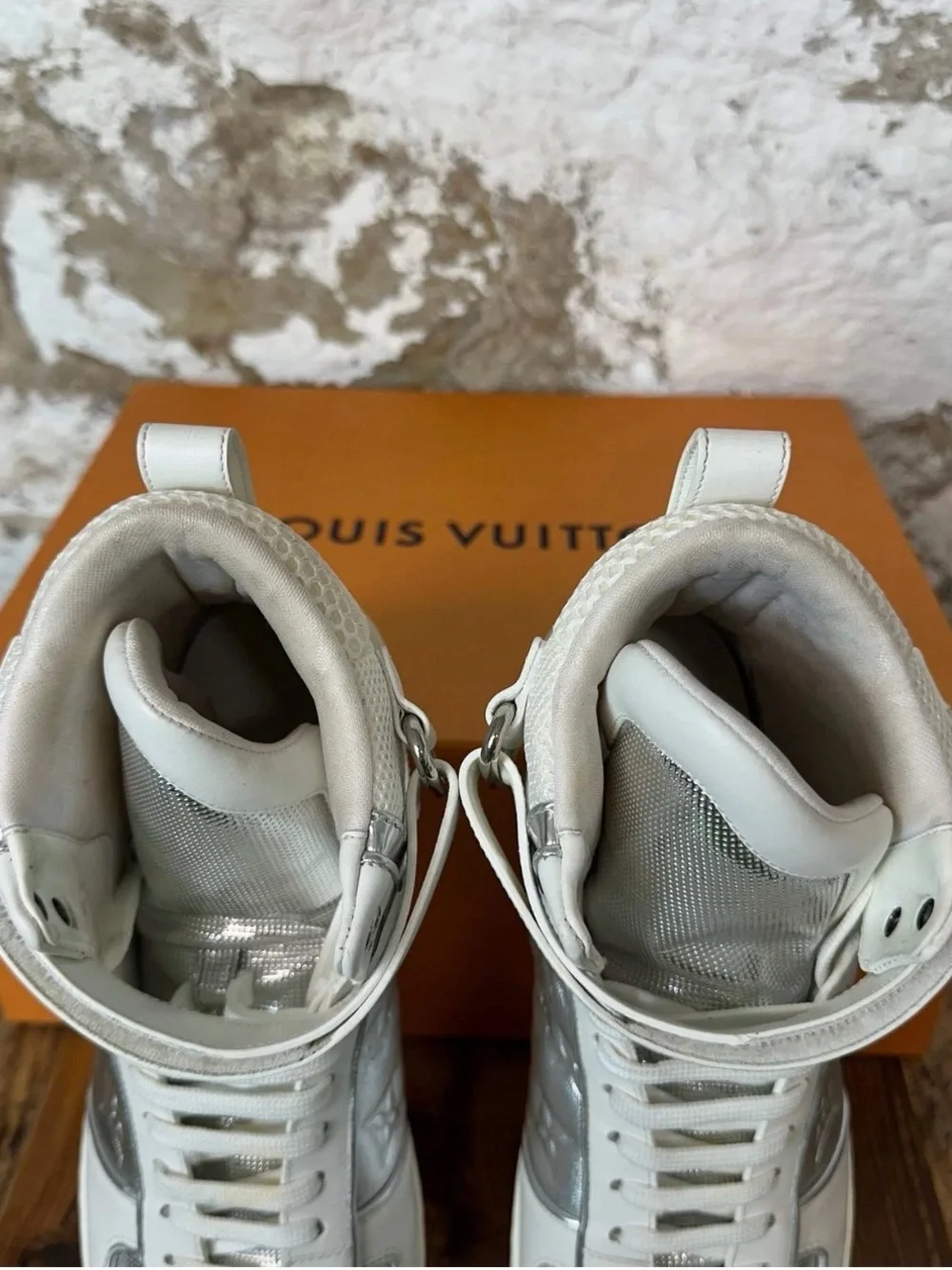 Louis Vuitton Silver & White High-Top Sneakers